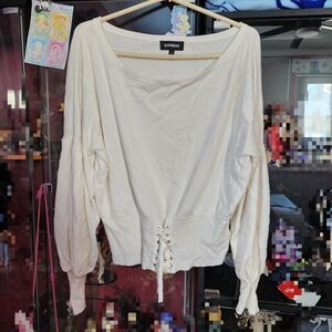 Express White Corset-style Lace-up Waist With Puff Sleeves Sweater